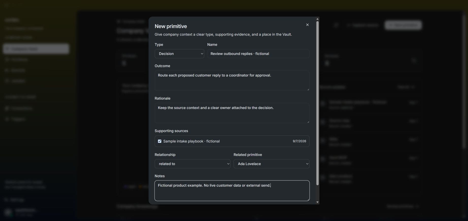 Cortex decision form showing a typed outcome, rationale and selected supporting source, using fictional sample data.